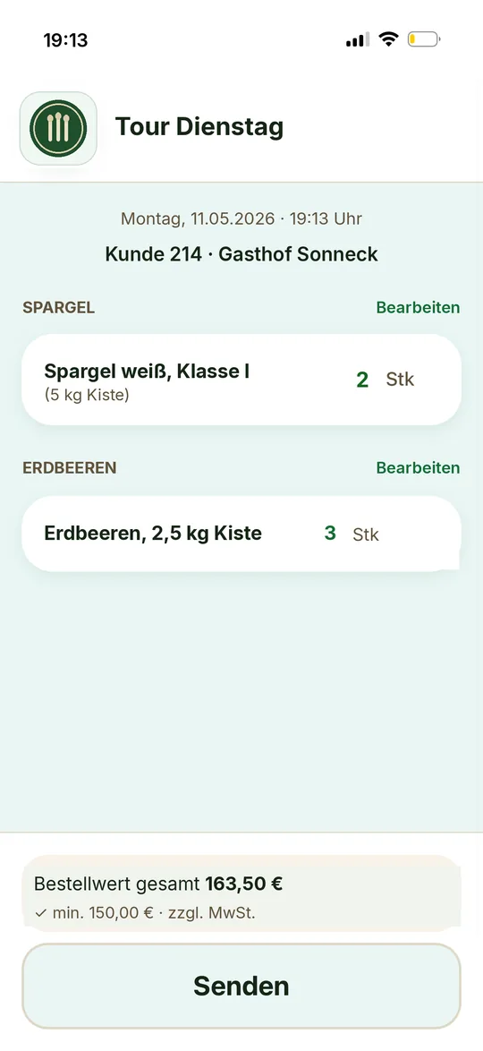 Bestell-App: Zusammenfassung mit allen Positionen, Bestellwert 163,50 Euro und Knopf Senden